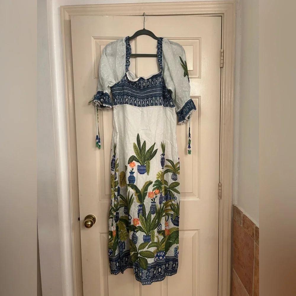 NWT Farm Rio Vase Forest Print Smocked Maxi Dress Tropical Blue Flower Pot XL - Picture 5 of 5